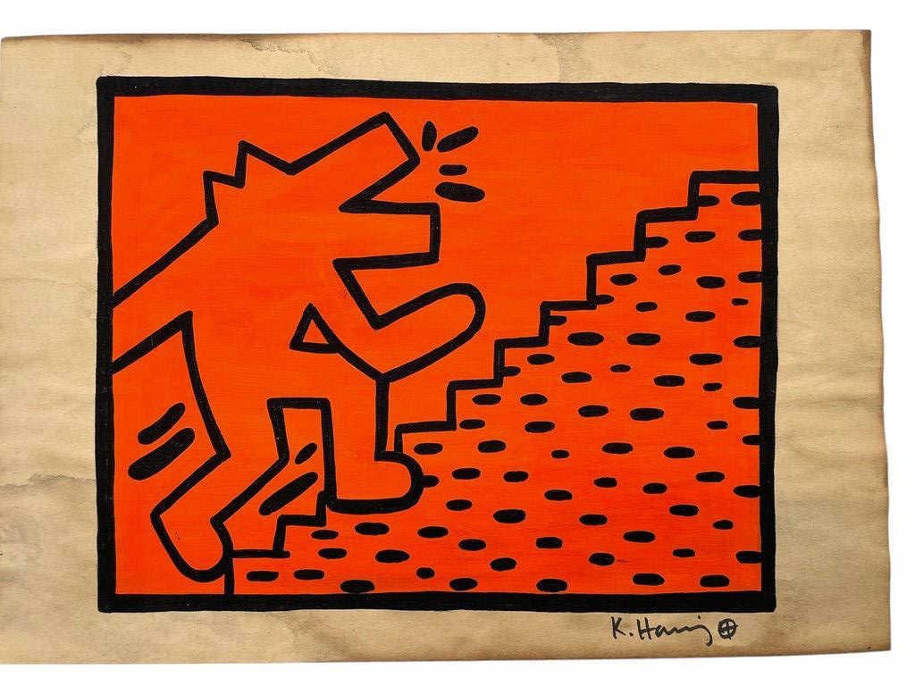 AFTER KEITH HARING DRAWING ON PAPER 11.5": AFTER KEITH HARING DRAWING ON PAPER | ATTRIBUTED TO -SIGNED AND STAMPED ON BACK -8" X 11.5" APPROX TO PAPER -VERY GOOD PRE OWNED CONDITION SEE PHOTOS -DP12424 ***Please note that due to limited storag