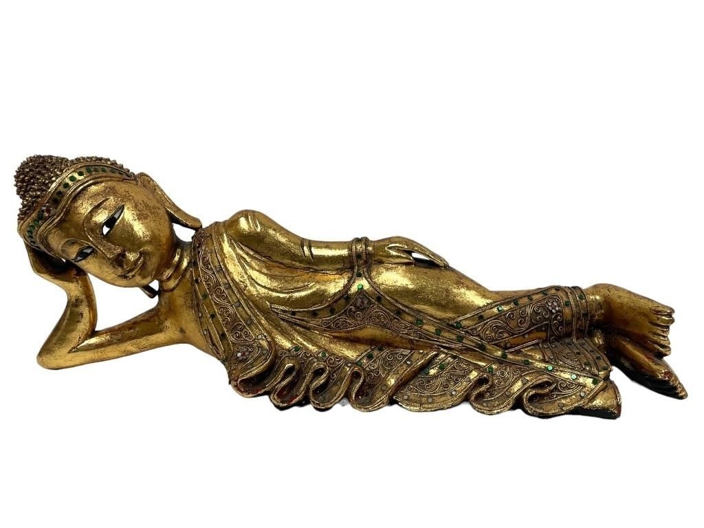 LARGE CARVED WOOD RECLINING BUDDHA STATUE 25" (1 of 4)