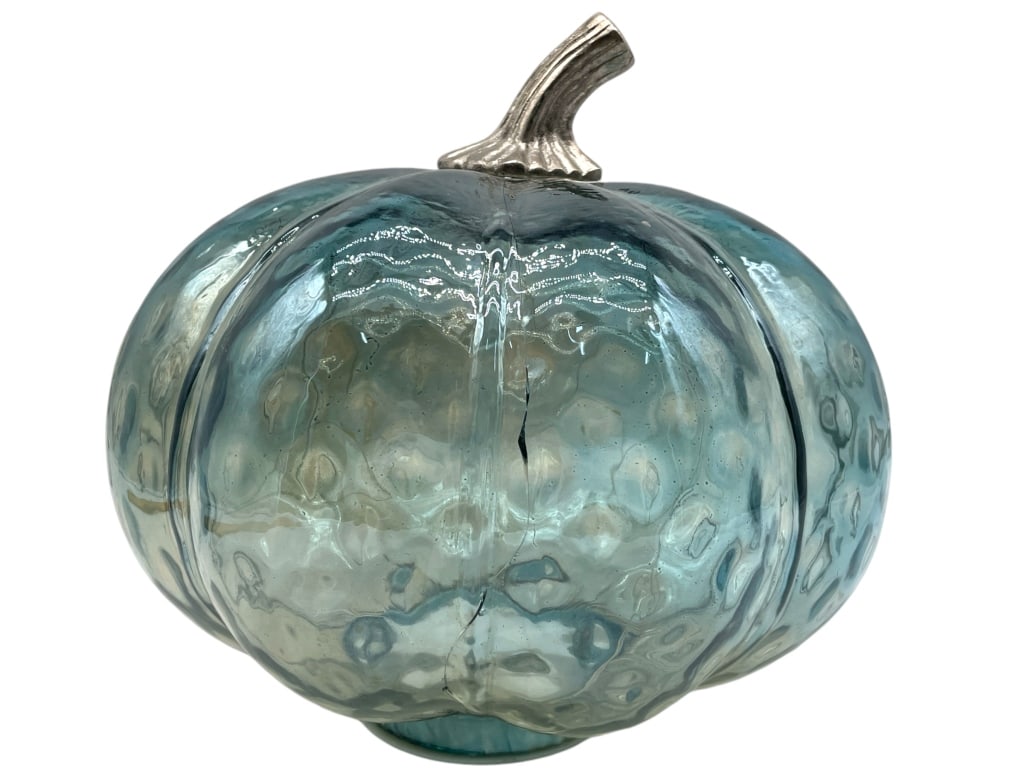 LIGHT UP BLUE GLASS PUMPKIN WITH SILVER STEM (1 of 3)