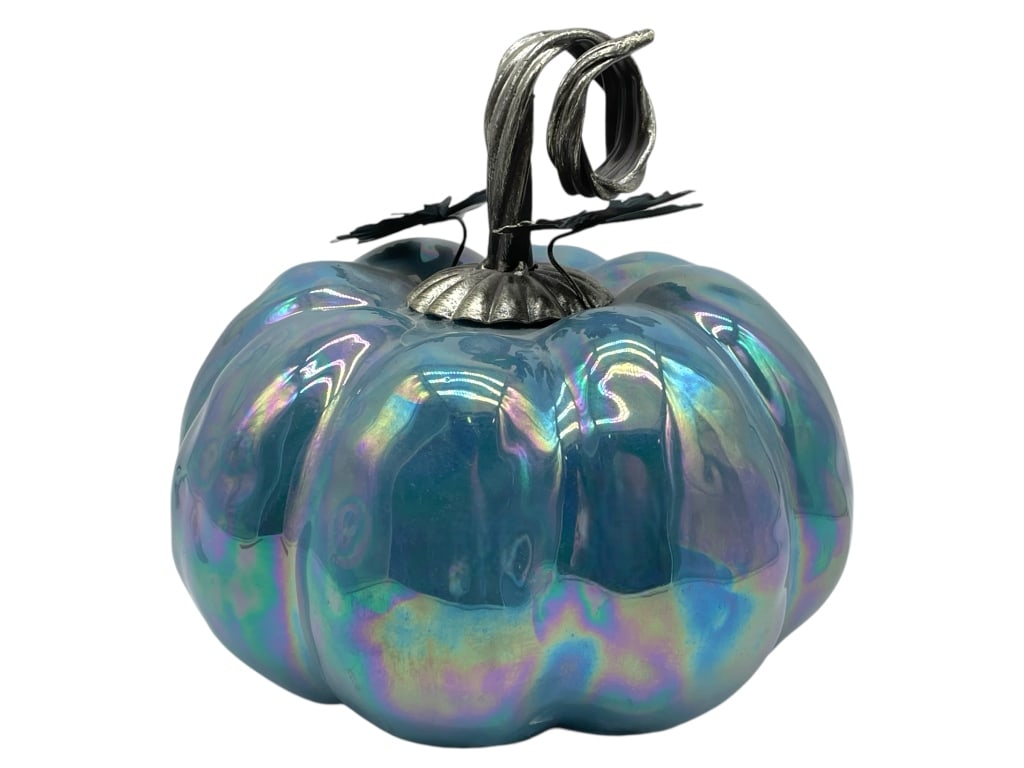 BLUE CERAMIC PUMPKIN WITH SILVER STEM AND LEAVES (1 of 3)
