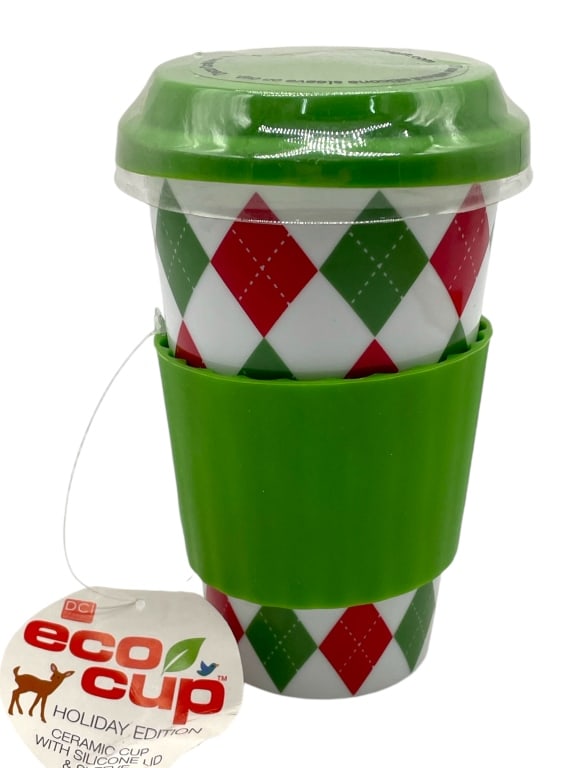 NEW! ECO CUP HOLIDAY PATTERN EDITION: NEW! ECO CUP HOLIDAY PATTERN EDITION -NEW! -CERAMIC CUP WITH SILICONE LID AND SLEEVE -APPROX 6" TALL -JA 112624 ***Please note that due to limited storage space, all items must be picked up within 14 