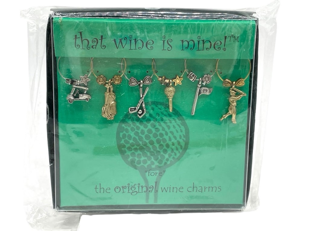 NIB WINE THINGS UNLIMITED GOLF THEME WINE CHARMS: NIB WINE THINGS UNLIMITED GOLF THEME WINE CHARMS -NIB -INCLUDES 6 WINE CHARMS -JA 121024 ***Please note that due to limited storage space, all items must be picked up within 14 days of the auction's c