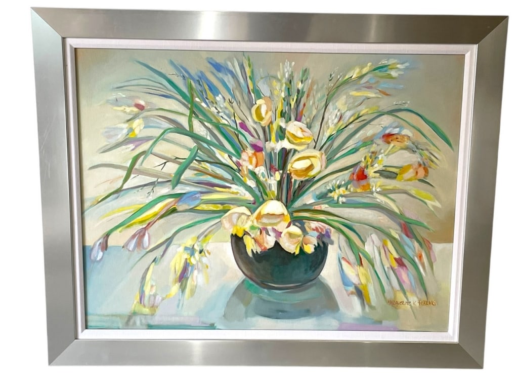 M.FERRARI EXPRESSIONIST FLORAL OIL PAINTING 49": MARGUERITE K. FERRARI EXPRESSIONIST STILL LIFE FLOWER OIL PAINTING -39" X 49" APPROX TO FRAME -VERY GOOD PRE OWNED CONDITION, MINOR WEAR TO FRAME -DP111524 ***Please note that due to limited storage s
