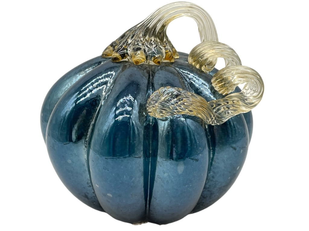 DARK BLUE GLASS PUMPKIN WITH YELLOW STEM (1 of 3)