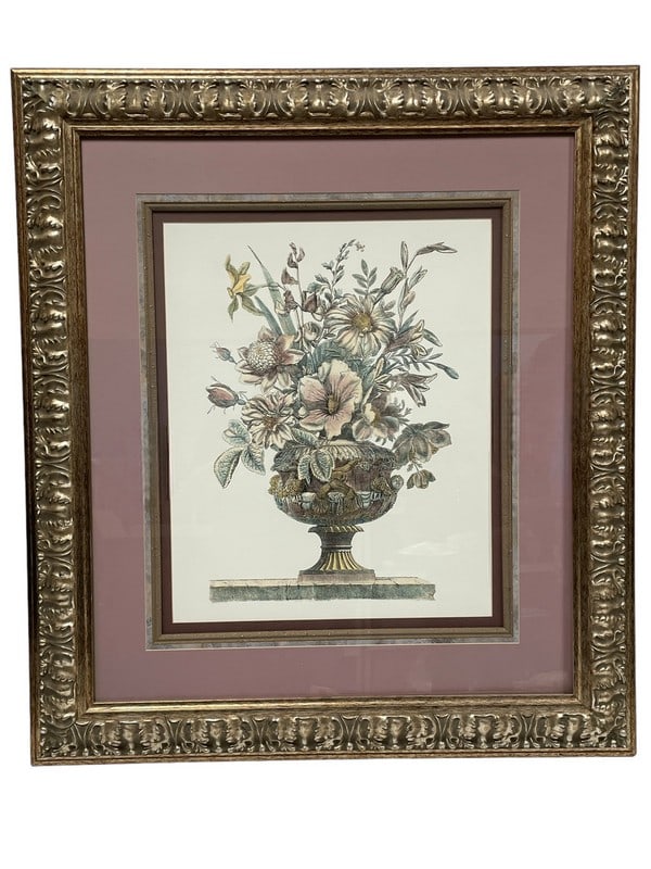 DECORATIVE FLOWER IN PLANTER STILL LIFE PRINT 36": DECORATIVE FLOWER IN URN PLANTER STILL LIFE PRINT IN GOLD GILT STYLE FRAME -36.5" X 23" APPROX -VERY GOOD PRE OWNED CONDITION -DP61124