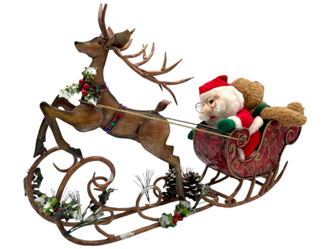 SANTA ON SLEIGH WIRE AND PLUSH DISPLAY: SANTA ON SLEIGH WIRE AND PLUSH DISPLAY -VERY GOOD CONDITION -APPROX 20" LONG -JA 120324 ***Please note that due to limited storage space, all items must be picked up within 14 days of the auction's co
