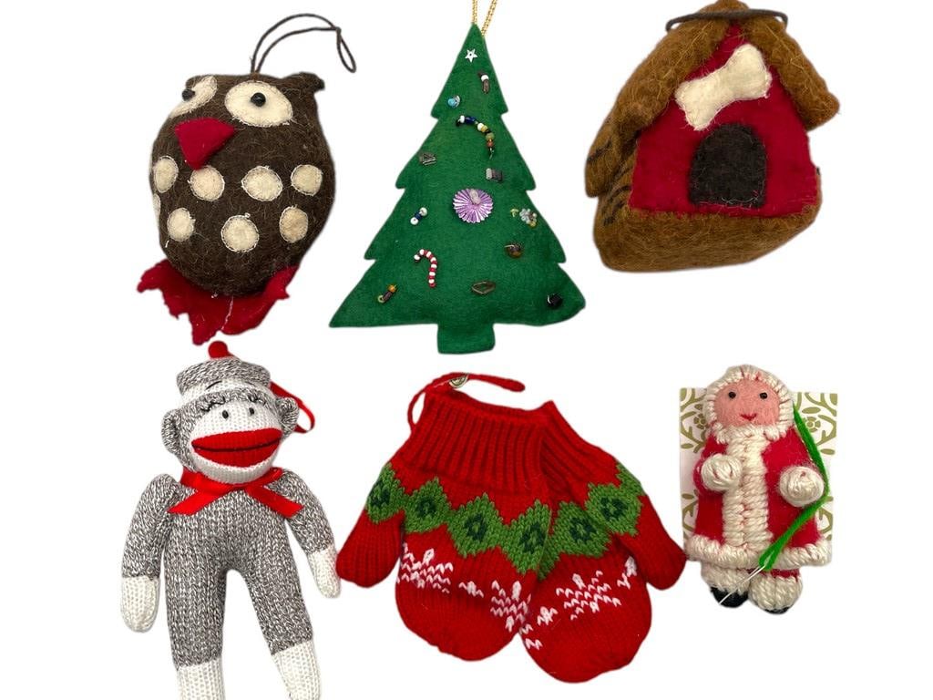 WHIMSICAL SET OF 6 FABRIC CHRISTMAS ORNAMENTS: WHIMSICAL SET OF 6 FABRIC CHRISTMAS ORNAMENTS -VERY GOOD CONDITION -SET OF 6 ORNAMENTS -JA 120324 ***Please note that due to limited storage space, all items must be picked up within 14 days of the au