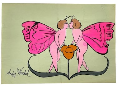 ANDY WARHOL BUTTERFLY KISS INK DRAWING 11.5"