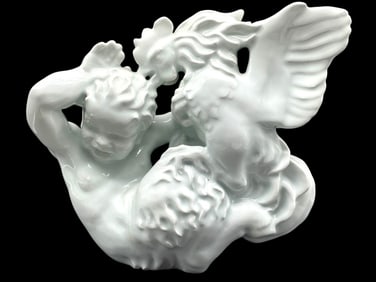 ROYAL COPENHAGEN FAUN IN FIGHT WITH ROOSTER 3083