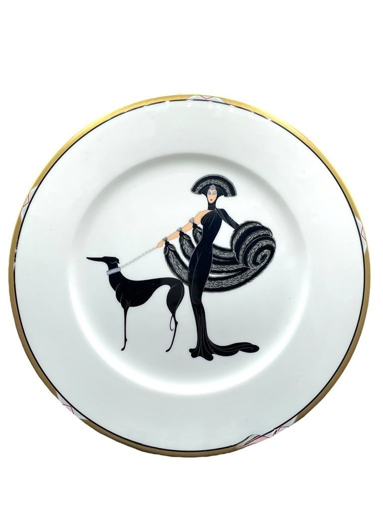 ERTÉ SYMPHONY IN BLACK GOLD RIM ART DECO PLATE: ERTÉ SYMPHONY IN BLACK GOLD RIM ART DECO 12"D BONE CHINA WALL PLATE CHARGER -10" DIAMETER APPROX -VERY GOOD PRE OWNED CONDITION -DP121624 ***Please note that due to limited storage space, all items m