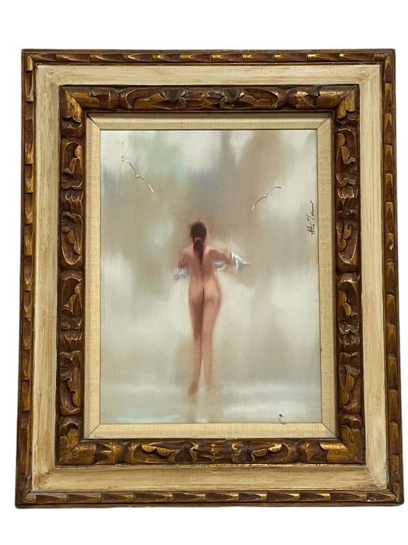 ANTHONY MICHAEL AUTORINO NUDE OIL ON CANVAS 24": ANTHONY MICHAEL AUTORINO FEMALE NUDE FIGURE OIL ON CANVAS 24" -GOOD CONDITION, SLIGHT DISCOLORATION TO MAT, SMALL MARK ON BOTTOM RIGHT EDGE OF CANVAS -24" X 20" -JA 121324 ***Please note that due to l