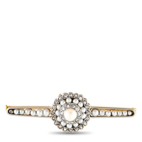 14K YELLOW GOLD DIAMOND AND SEED PEARL BROOCH