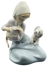 LLADRO GIRL WITH DOG AND CAT PORCELAIN FIGURINE 7"
