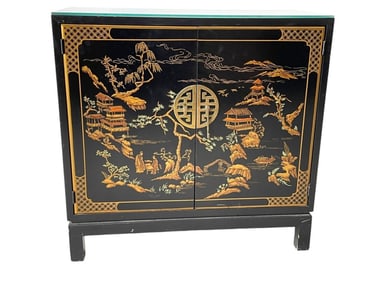 DREXEL BLACK LACQUER CHINOISERIE CABINET