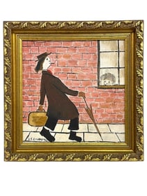 MANNER OF L.S. LOWRY MAN W UMBRELLA PAINTING  17"