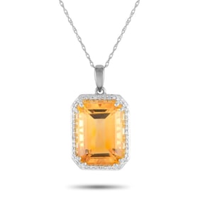 14K WHITE GOLD DIAMOND CITRINE PENDANT NECKLACE