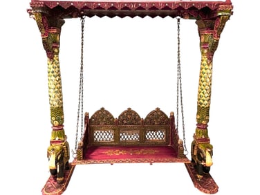 TEAK WOOD CARVED MAHARAJA ELEPHANT SWING 83"