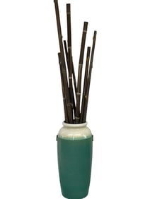 ASIAN FLOOR VASE W BRONZE MEDALLION HANDLES BAMBOO
