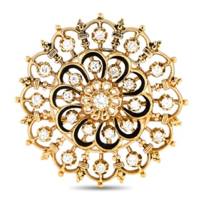 VINTAGE 14K GOLD DIAMOND ENAMELED BROOCH