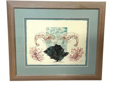 LARGE COASTAL ASIAN PRAWN & CORAL WATERCOLOR 36"
