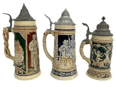 SET OF THREE GERMAN STEINS 11.5", 11", 10"