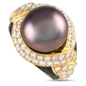 18K GOLD DIAMOND AND TAHITIAN PEARL RING SZ 5
