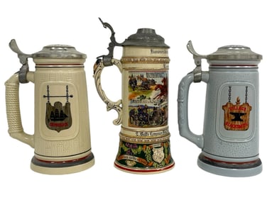 THREE ASSORTED BEER STEINS 8.5", 9.5", 9"