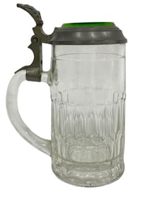 CLEAR GLASS STEIN WITH GREEN FLORAL LID 7"