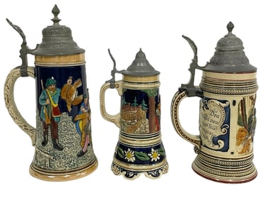 THREE GERMAN BEER STEINS SMALLEST WITH MUSIC BOX