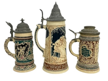 SET OF THREE GERMAN STEIN MUGS 9", 12", 8"