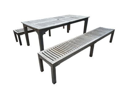 TEAK WOOD EXTENDABLE OUTDOOR TABLE & 2 BENCHES