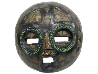 VINTAGE GHANA AFRICAN WOOD CARVED METAL BEAD MASK