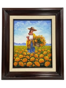 C. SANCHEZ OIL PAINTING WOMAN PICKING FLOWERS 29"