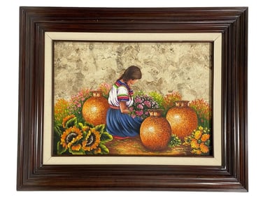 C. SANCHEZ OIL PAINTING WOMAN SORTING FLOWERS 29"
