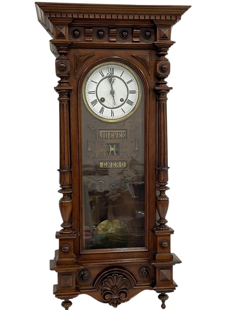 ANTIQUE CALENDAR CLOCK BY GEBRUDER WILDE: ANTIQUE CALENDAR CLOCK BY GEBRUDER WILDE -31" X 13.5" X 7" APPROX -VERY GOOD PRE OWNED CONDITION, NOT TESTED WITH KEY -DP121924 - ***Please note that due to limited storage space, all items must be pi