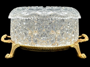 VINTAGE CUT CRYSTAL BOWL WITH LID AND GOLD BASE
