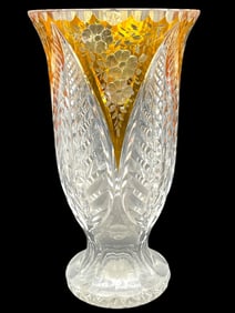CUT GLASS WITH ORANGE AND FLORAL DETAIL VASE 12"
