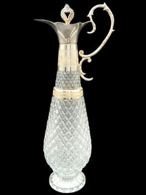 CUT GLASS AND SILVER DECANTER 13.5"