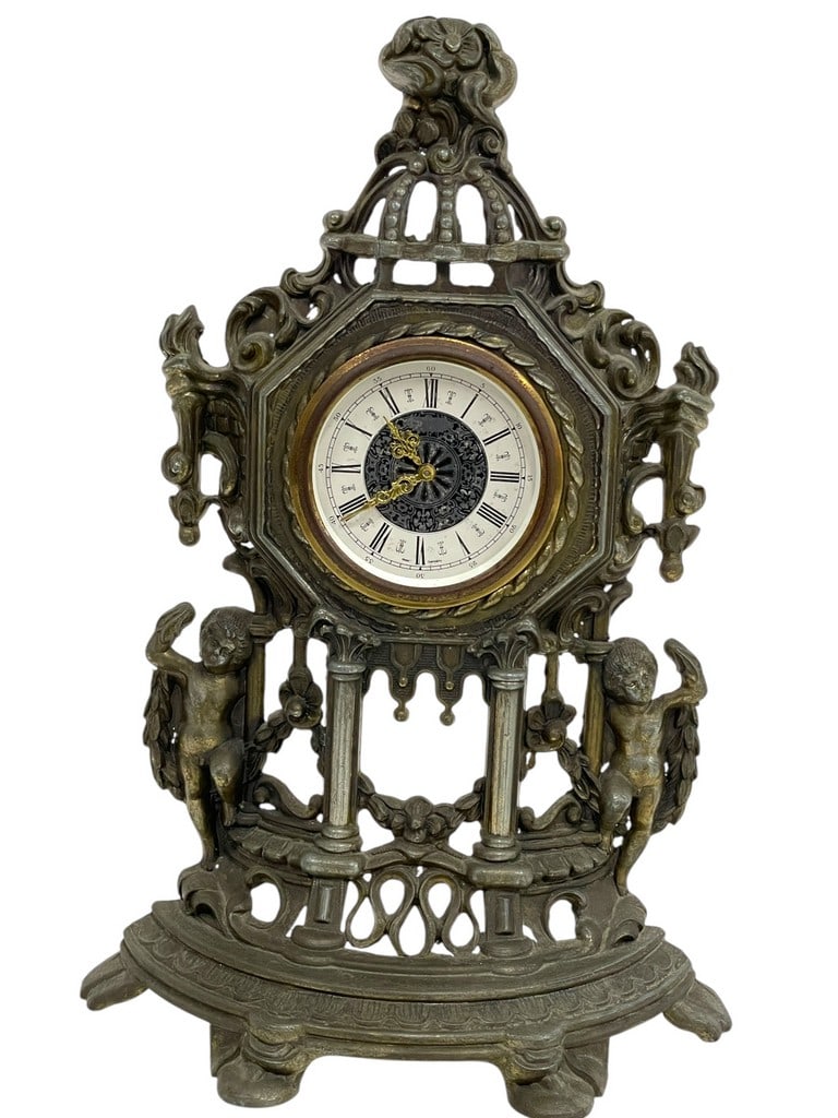 VINTAGE W GERMAN BRASS TABLE CLOCK W CHERUBS 14" (1 of 7)
