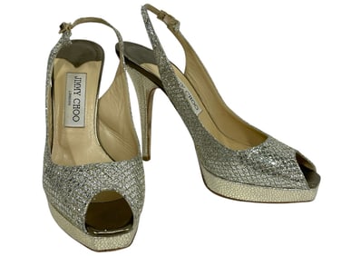 JIMMY CHOO GLITTER FABRIC CHAMPAGNE HEELS SZ 37.5
