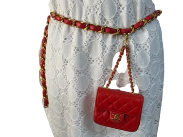 Vtg Chanel Leather & Gold Chain Belt with Mini Bag