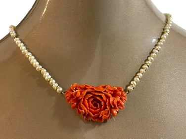 14K GOLD PEARL AND CARVED CORAL NECKLACE 26.12G