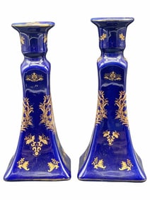 LIMOGES COBALT AND GOLD CANDLESTICKS 9"