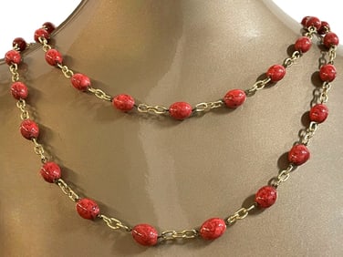 HONG KONG GOLD AND CORAL BEADED NECKLACE