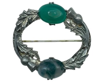 VINTAGE STERLING AND JADE BROOCH 14.58G