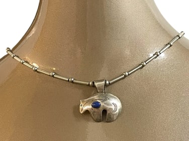 STERLING AND LAPIS BEAR PENDANT NECKLACE 18.64G