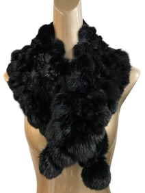 BLACK RABBIT FUR POM POM SCARF 38"