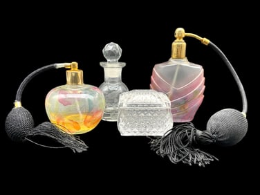 VINTAGE PERFUME BOTTLES AND CRYSTAL TRINKET BOX