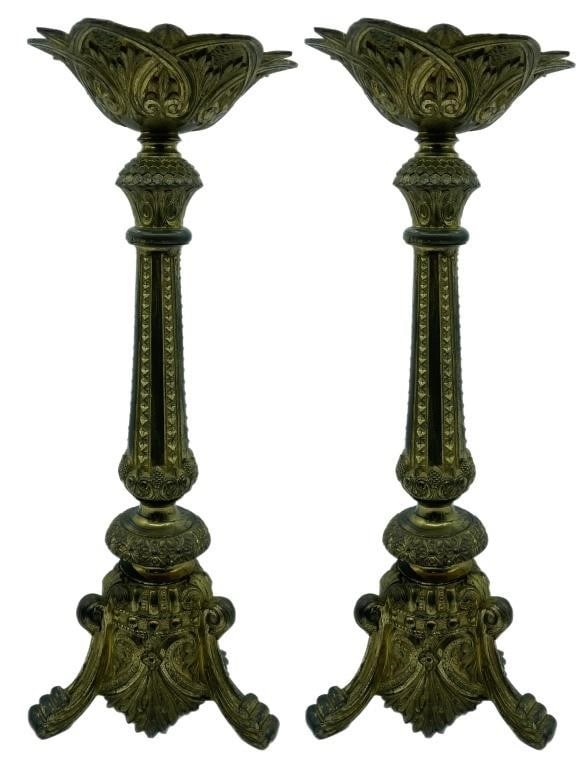 PAIR OF TALL BRASS ALTAR CANDLESTICKS  24" (1 of 7)