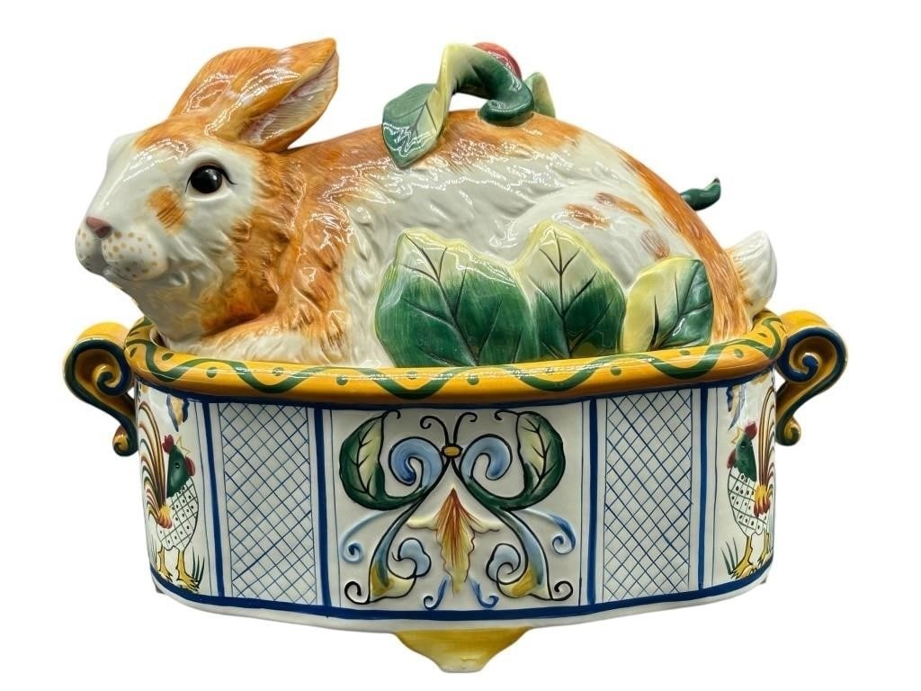 FITZ & FLOYD RICAMO RABBIT TUREEN W LADLE 9" (1 of 5)